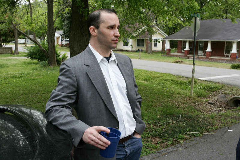 J. Everett Dutschke stands in the street near his home in Tupelo, Miss., as he waits for the FBI to arrive and search his home Tuesday in connection with recent ricin letters.