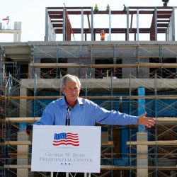 Former President Bush speaks at a topping-out ceremony for the George W. Bush Presidential Center in Dallas