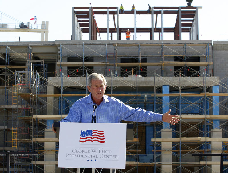 Former President Bush speaks at a topping-out ceremony for the George W. Bush Presidential Center in Dallas