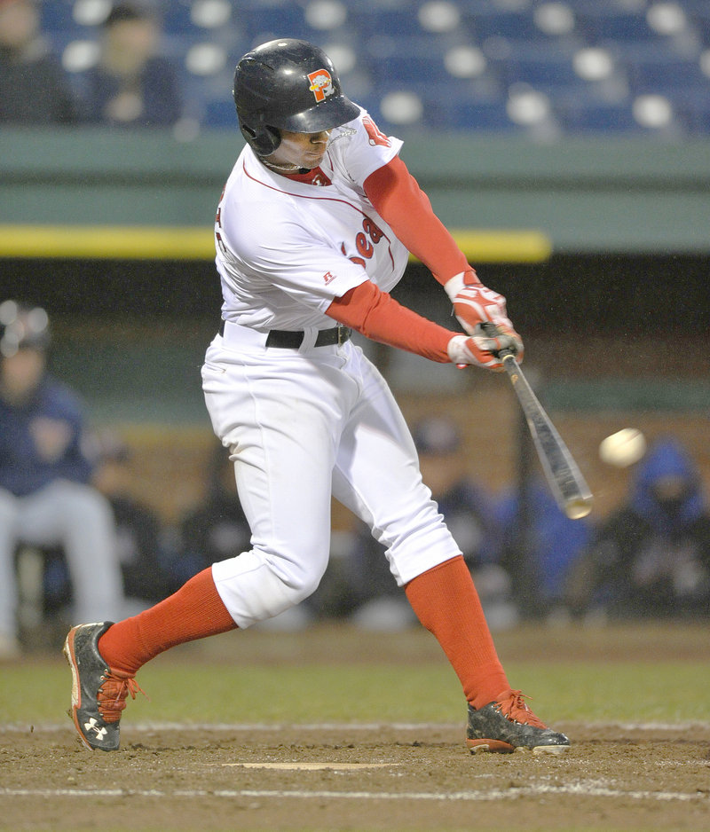 Xander Bogaerts continued his hot hitting Tuesday for the Portland Sea Dogs, including this triple in the fourth inning of a 9-8 victory against Binghamton. He has six hits in his last two games and sports a .311 batting average.
