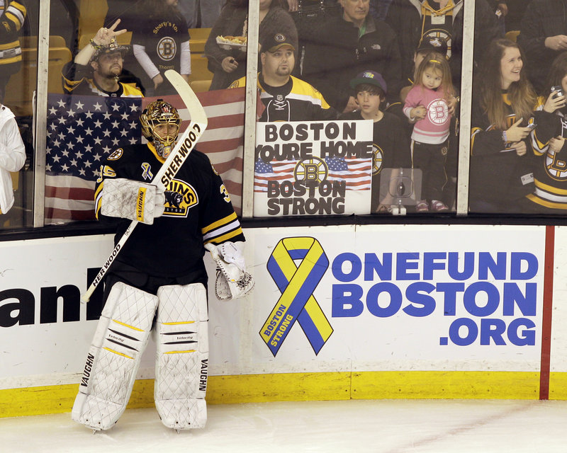 Goalie Anton Khudobin and the rest of the Bruins have received their share of support from opposing teams and fans after the Boston Marathon bombings.