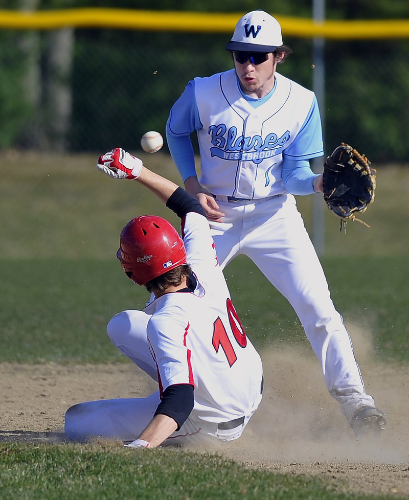 Collin Joyce of Westbrook keeps his eyes on the late throw Thursday as Sam Terry of Scarborough slides into second with a stolen base.