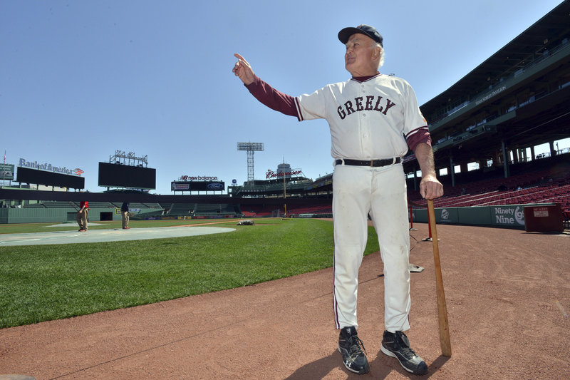 Mort Soule of Portland stands near home plate in Fenway Park before practicing his reading of 'Casey At The Bat' in preparation for Sunday's State of Maine Day at Fenway Park.
