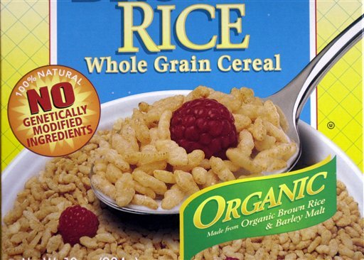 The label on a box of Erewhon Crispy Brown Rice Cereal states that the cereal contains no genetically engineered ingredients. L.D. 718, a proposal to require GMO labeling by food retailers in Maine, wouldn’t make the state an outlier, because it wouldn’t take effect unless five other states passed a similar mandate.