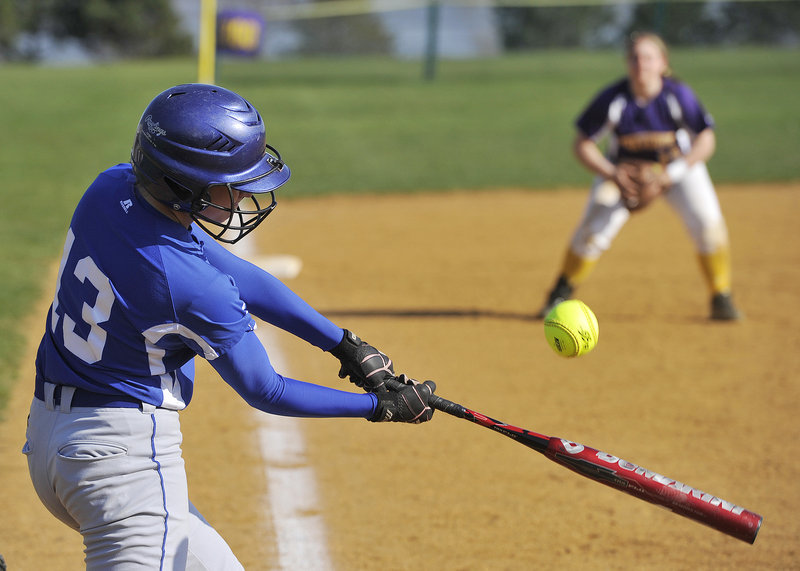 Katelyn Wilson of Kennebunk hits a grounder to Cheverus third baseman Katie Roy, waiting for the ball right from the crack of the bat, during Cheverus’ 6-1 victory Friday.