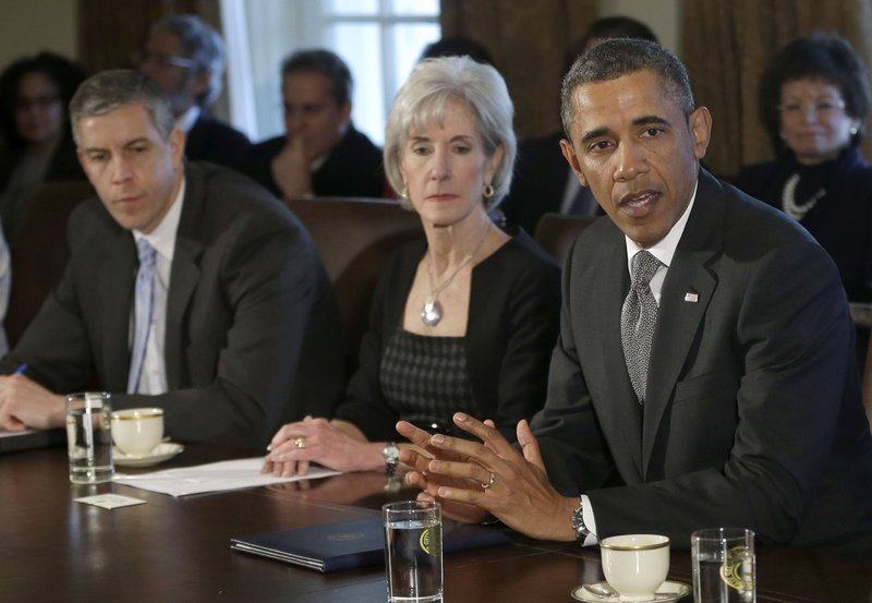 President Obama speaks during a March Cabinet meeting attended by, from left, Education Secretary Arne Duncan and Health and Human Services Secretary Kathleen Sebelius. The officials wish to improve availability and quality of pre-school programs, a task that is particularly difficult as Congress seeks to trim the federal budget.