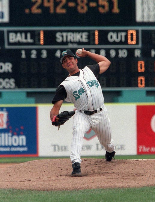 STAFF PHOTO BY HERB SWANSON -- Sunday, August 15, 1999 -- Sea Dog's pitcher Michael Tejera delivers during Sunday's game against the Erie Seawolves at Hadlock Field in Portland. Herb Swanson