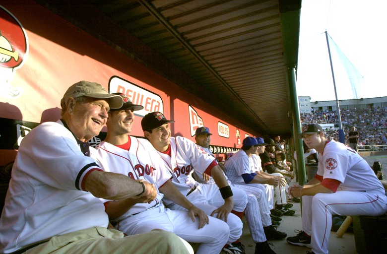 Staff Photo by John Patriquin, Wednesday, July 13, 2005: Former President George Bush shares a photo op with Sea Dogs All Stars Chris Durbin and Kenny Perez before the start of the All Star game at Hadlock Field in Portland tonight. Baseball John Patriquin bush bio