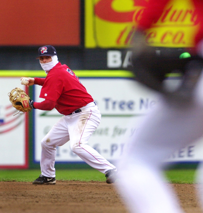 Staff Photo by Jill Brady, Sunday, May 22, 2005: Sea Dogs second baseman, #7, Dustin Pedroia, makes a throw to first base for an out during the third inning of Sunday's game at Hadlock Field against the Bowie Baysox. Jill Brady Baseball