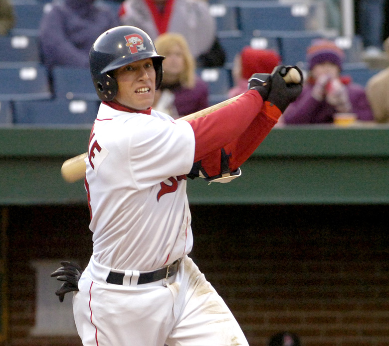 Staff photo by John Patriquin. Monday, April, 9, 2007. Portland Sea Dogs #3 Jed Lowrie hits a single during action at the Portland Sea Dogs season opener against New Britain Rock Cats at Hadlock Field in Portland. Baseball