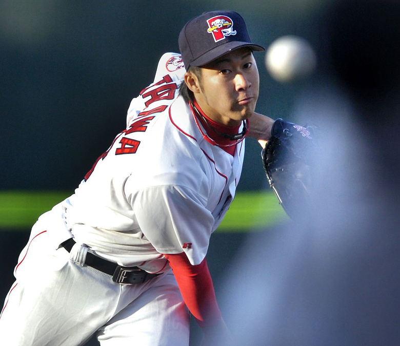 Photo by John Ewing/Staff Photographer... Thursday, April 9, 2009...Sea Dogs season opener against the Connecticut Defenders at Hadlock Field. Sea Dog starting pitcher Junichi Tazawa pitches in the first inning. Baseball