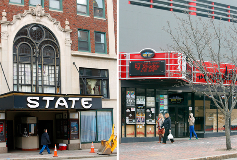 The State Theatre, with a capacity of 1,450, tends to draw more well-known performers while Port City Music Hall, right, a few blocks away on Congress Street, features up-and-coming acts in a more intimate space.
