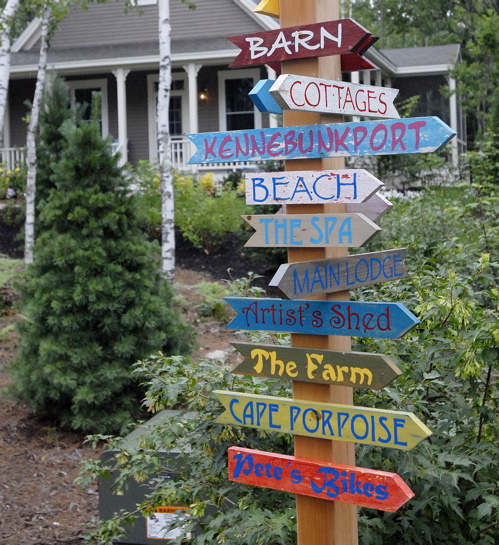 Signs point the way to the amenities at Hidden Pond in Kennebunkport.