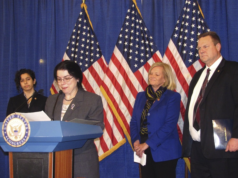 Milbridge resident Ruth Moore pauses at a news conference earlier this year while discussing a bill bearing her name that aims to relax the rules for military sexual assault survivors seeking disability benefits from the Department of Veterans Affairs. With her are the bill's two primary sponsors – Rep. Chellie Pingree of Maine and Sen. Jon Tester of Montana – as well as Anu Bhagwati of the Service Women's Action Network.