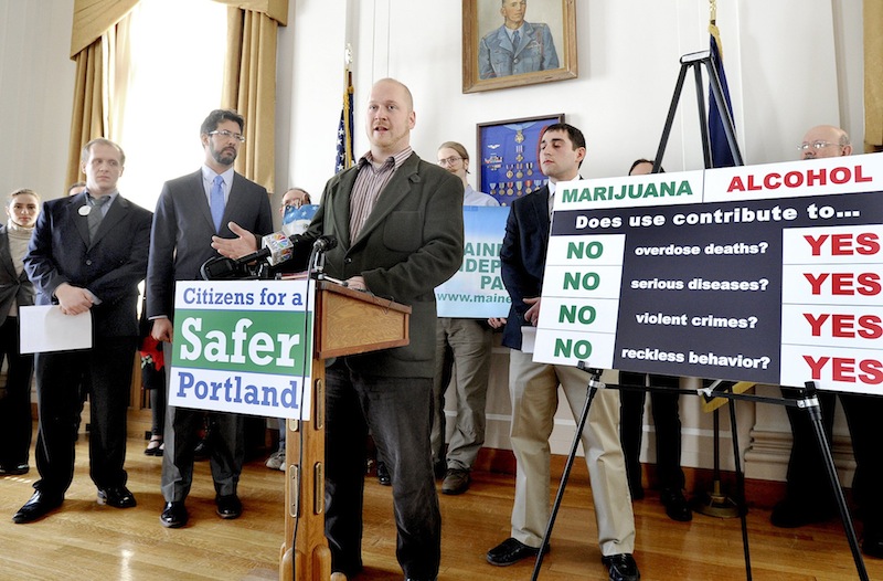 In this March 2013 file photo, Portland city councilor Dave Marshall advocates making marijuana legal in Portland during a press conference at City Hall Thursday March 21,2013. City voters will be able to decide in November if they want Portland to be among a handful of cities nationwide – and the first in Maine – to make it legal to possess small amounts of marijuana.