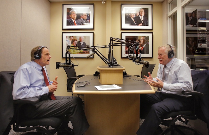 In this April 11, 2013 file photo, Sen. Angus King talks with Sen. Tom Carper of Delaware during a weekly radio program that King does for WGAN radio. WGAN has been ranked as one of the top 20 news and news talk radio stations in the country.