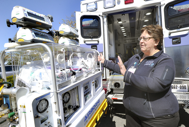 Registered nurse Sue Rainville will use this incubator for infants who are transported in a new pediatric ambulance, unveiled Tuesday at Maine Medical Center.