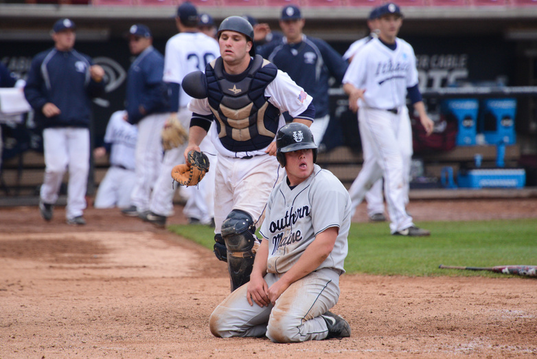 Matt Verrier gets thrown out at home in the 11th inning on a single by Anthony Pisani. Baseball Portland Press Herald University of Southern Maine5