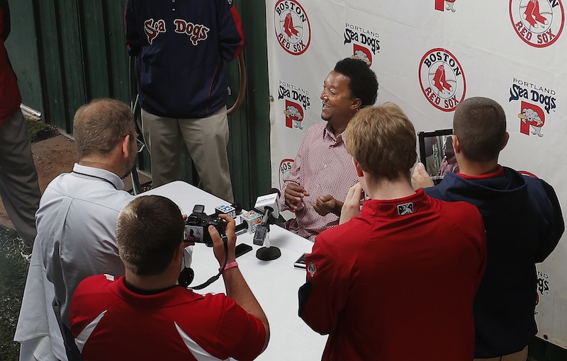 Former Red Sox pitcher Pedro Martinez, now special assistant to the general manager, fielded questions at a press conference at Hadlock Field Wednesday, May 29, 2013. Martinez was in town to work with the Sea Dogs' pitching staff.