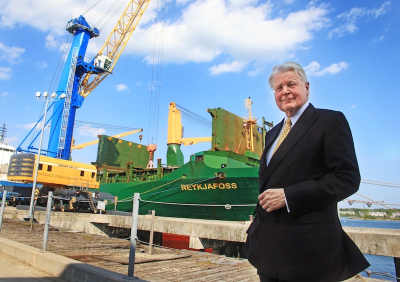 Olafur Ragnar Grimsson, president of Iceland, stands in front of the container ship Reykjafoss at the Marine Terminal on Friday, May 31, 2013 in Portland.