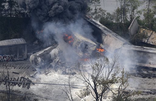 A fire burns at the site of a CSX freight train derailment on Tuesday in Rosedale, Md., where fire officials say the train crashed into a trash truck, causing an explosion that rattled homes at least a half-mile away and collapsed nearby buildings, setting them on fire.