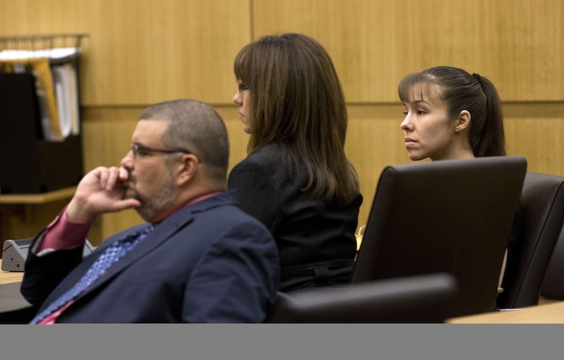 Jodi Arias, right, and her defense attorneys Jennifer Wilmott and Kirk Murmi, left, listen as Judge Sherry Stephens urges the jury to continue deliberating after the jury delivered a message that they are deadlocked on Wednesday, May 22, 2013 during the penalty phase of her murder trial at Maricopa County Superior Court in Phoenix. Arias was convicted of first-degree murder in the stabbing and shooting to death of Travis Alexander. (AP Photo/The Arizona Republic, Rob Schumacher, Pool)