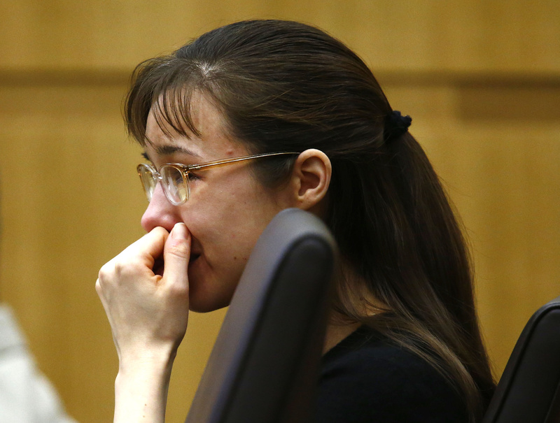 Jodi Arias cries as she listens to Steven Alexander, brother of murder victim Travis Alexander, speak to the jury Thursday during the penalty phase of her trial at Maricopa County Superior Court in Phoenix.