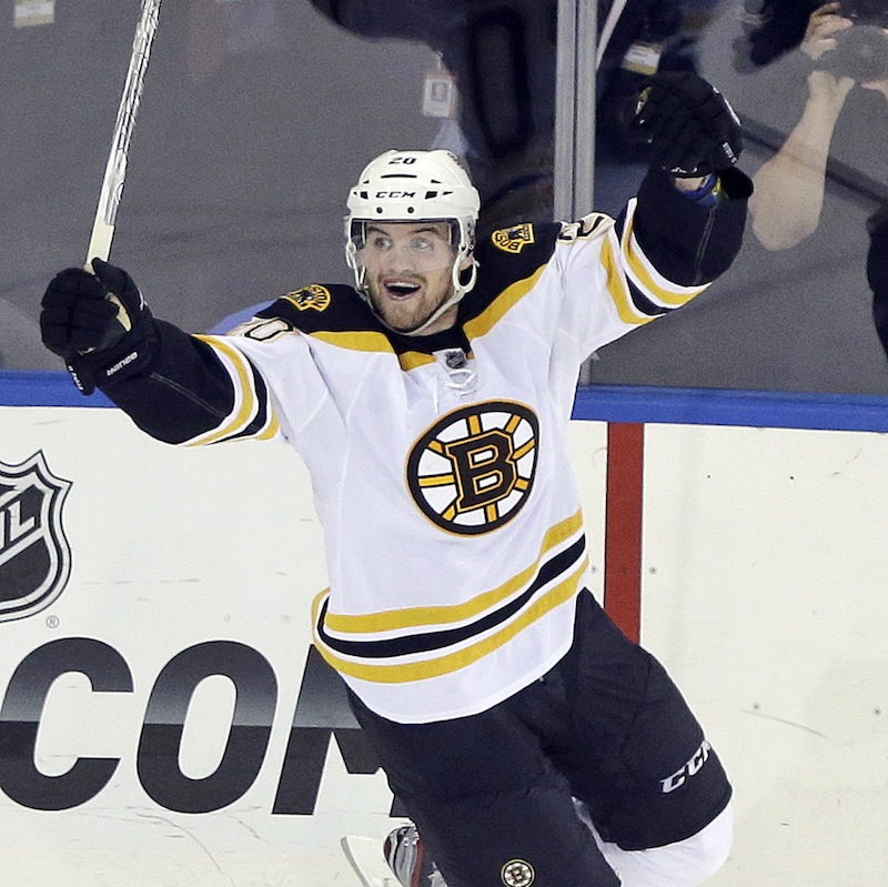 Boston Bruins' Daniel Paille celebrates after scoring during the third period in Game 3 of the Eastern Conference semifinals in the NHL hockey Stanley Cup playoffs against the New York Rangers Tuesday, May 21, 2013, in New York. The Bruins won the game 2-1. (AP Photo/Frank Franklin II)