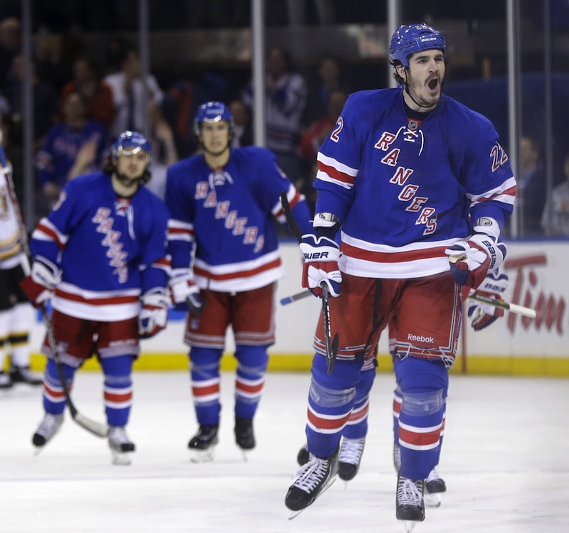 New York Rangers' Brian Boyle, right, reacts after scoring during the third period in Game 4 of the Eastern Conference semifinals against the Boston Bruins in the NHL hockey Stanley Cup playoffs in New York, Thursday, May 23, 2013, in New York. (AP Photo/Seth Wenig)