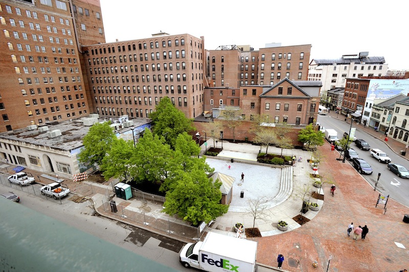 A 2013 aerial view of Congress Square Plaza.