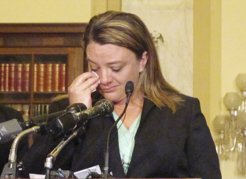 Jennifer Norris of Rumford wipes away what she said were tears of joy on Thursday in Washington, DC, as she discussed legislation that would revamp the way the military prosecutes sexual assault cases. Norris said she was raped and sexually assaulted several times during her Air Force career, including during her time with the Maine Air National Guard.