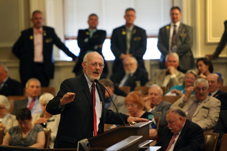 New Hampshire state Rep. David Hess, R-Hooksett, speaks against a bill to legalize casino gambling Wednesday at the Statehouse in Concord, N.H. The House killed the bill.