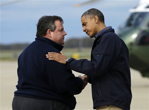 In this Oct. 31, 2012, photo, President Barack Obama is greeted by New Jersey Gov. Chris Christie upon arrival at Atlantic City International Airport in Atlantic City, N.J., to visit areas damaged by Superstorm Sandy.