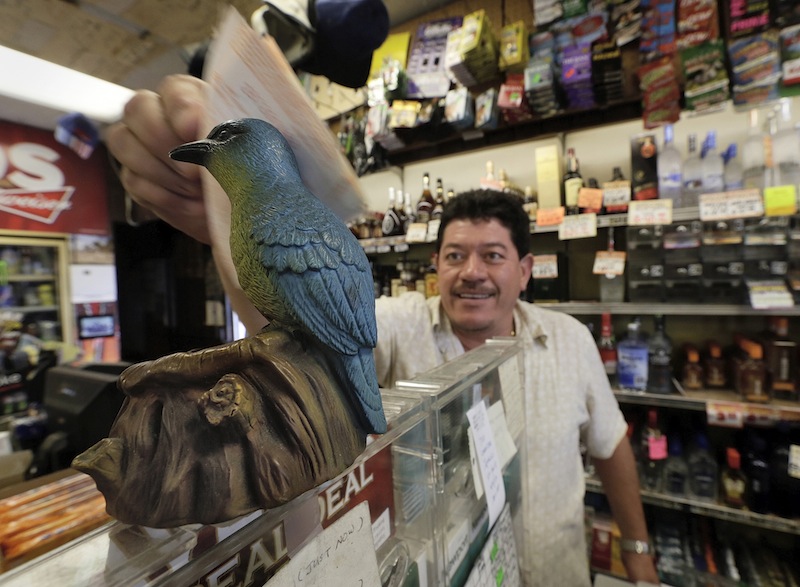 Ronald Marin rubs his lottery tickets on the wings of a "bluebird" statue for good luck at the Bluebird Liquor store in Hawthorne, Calif. Thursday, May 16, 2013. The multi-state lottery's website said the Powerball drawing jackpot has soared to at least $550 million for next drawing to be held Saturday. (AP Photo/Damian Dovarganes)