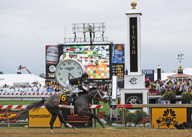 Oxbow, ridden by jockey Gary Stevens, wins the 138th Preakness Stakes horse race at Pimlico Race Course on Saturday in Baltimore. Pimlico Race Course