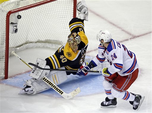 Boston Bruins goalie Tuukka Rask makes a save on a breakaway by New York Rangers right wing Ryan Callahan Saturday during the third period in Game 5 of the Eastern Conference semifinals in the NHL hockey Stanley Cup playoffs in Boston.