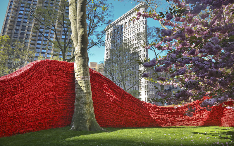 An art installation made of hand-knotted lobster rope creates a wall in Madison Square Park on Wednesday in New York.