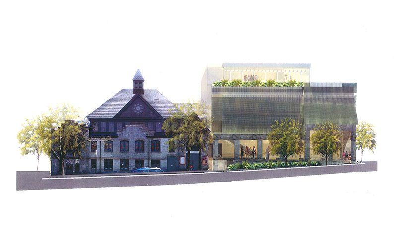 View from Congress Street of proposed performance center, at right, and existing St. Lawrence Church structure at left. Artist's rendering.
