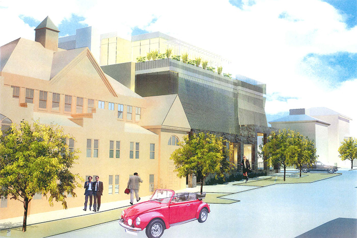 View of proposed performance center with existing St. Lawrence structure in foreground. Artist's rendering.