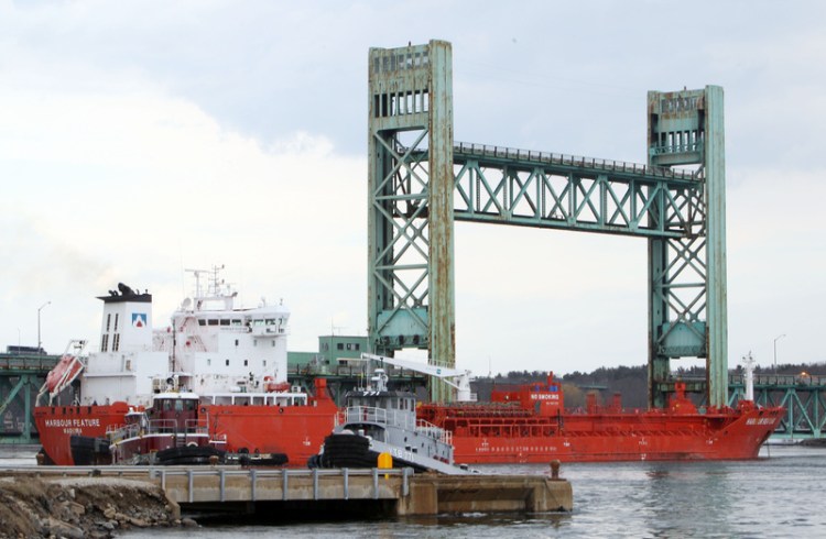 The 473-foot Harbour Feature rests against the Sarah Mildred Long Bridge on April 1, 2014 in Portsmouth, N.H. 