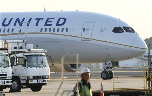A United Airlines Boeing 787 is parked at Narita international airport in Narita, east of Tokyo in this Jan. 17, 2013, photo.