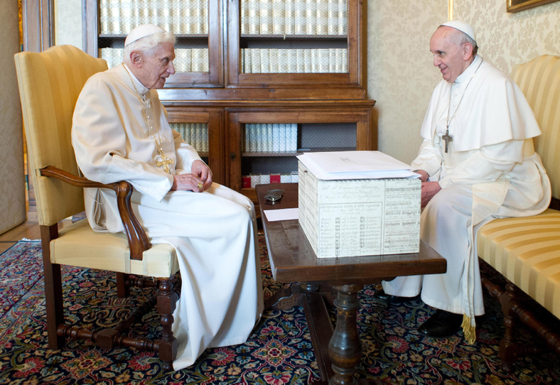 Pope Francis, right, and Pope emeritus Benedict XVI meet in Castel Gandolfo in March. Benedict returned to the Vatican on Thursday.