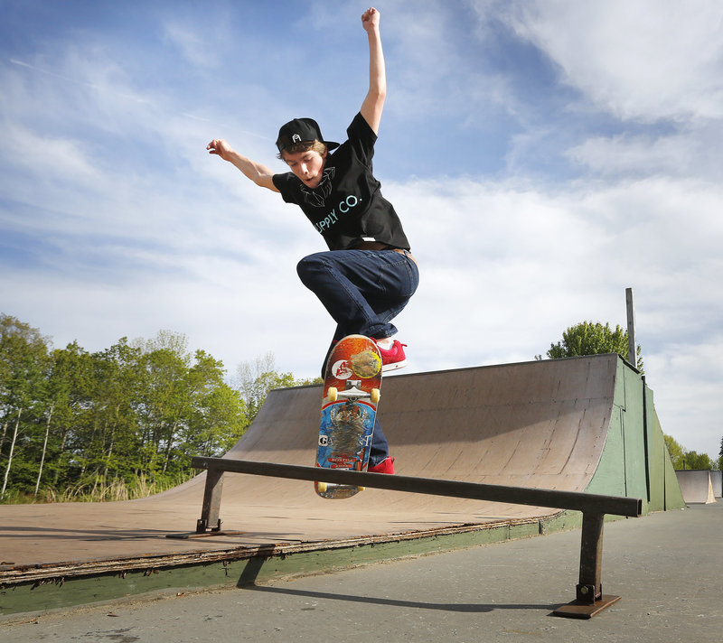 Chase Carroll, 15, of Scarborough does tricks on a skateboard at Windham Skate Park on Tuesday, May 28, 2013. There will be no supervision at the park, starting July 1. The Town Council decided Tuesday to cut $17,000 to fund staffing at the park.