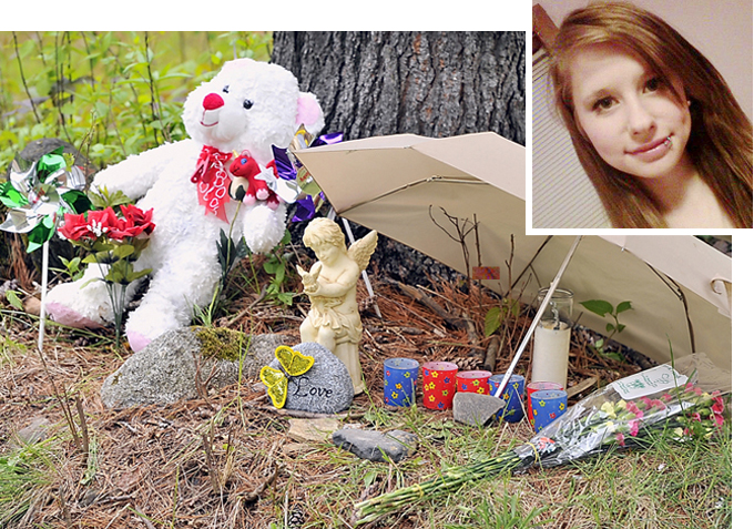 In this Tuesday, May 21, 2013 file photo, items of love and remembrance lay at the base of a memorial to Nichol Cable, who was murdered. An affidavit released late Wednesday afternoon alleges that Kyle Dube created a fake Facebook page to lure 15-year-old Nichole Cable from her house