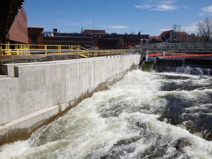 The fish ladder is a concrete chute (shown at left) with baffles that create an artificial rapid that alewives and other fish can swim up.