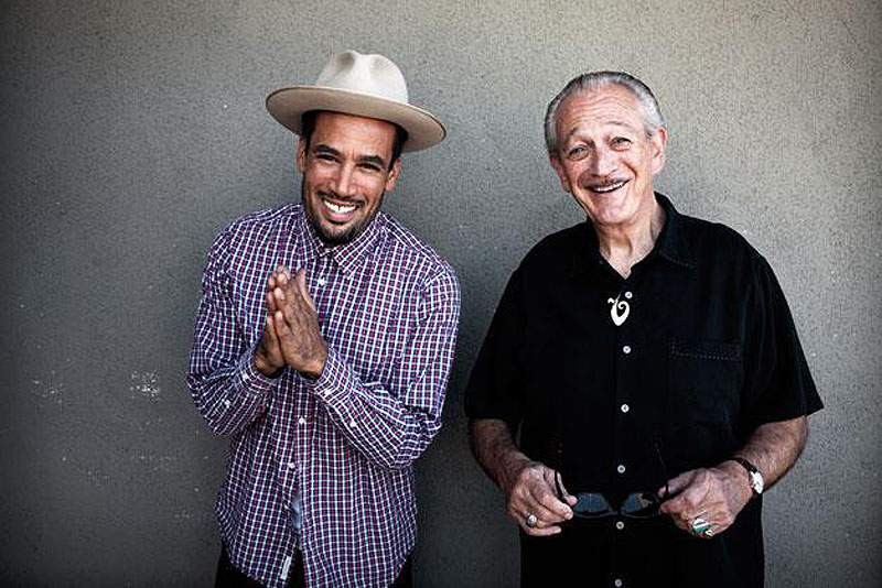 Singer-songwriter Ben Harper, left, and harmonica virtuoso Charlie Musselwhite perform together at Boston’s Orpheum Theatre on Saturday.