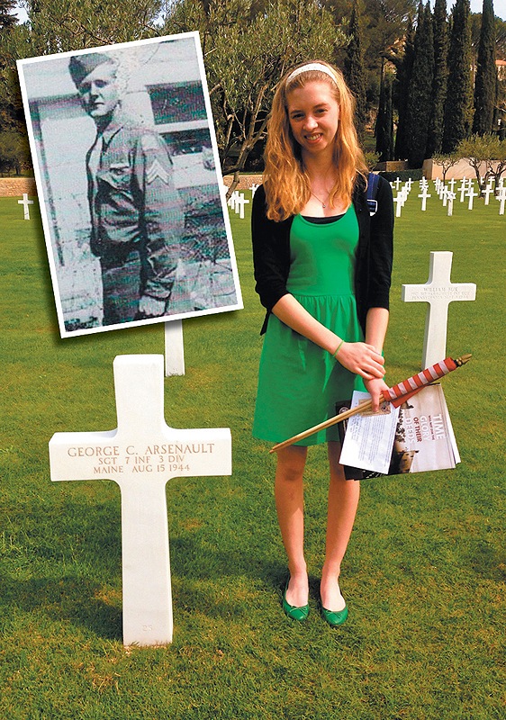 Maranacook High School sophomore Sydney Green stands beside the headstone of Sgt. George C. Arsenault, shown in inset.