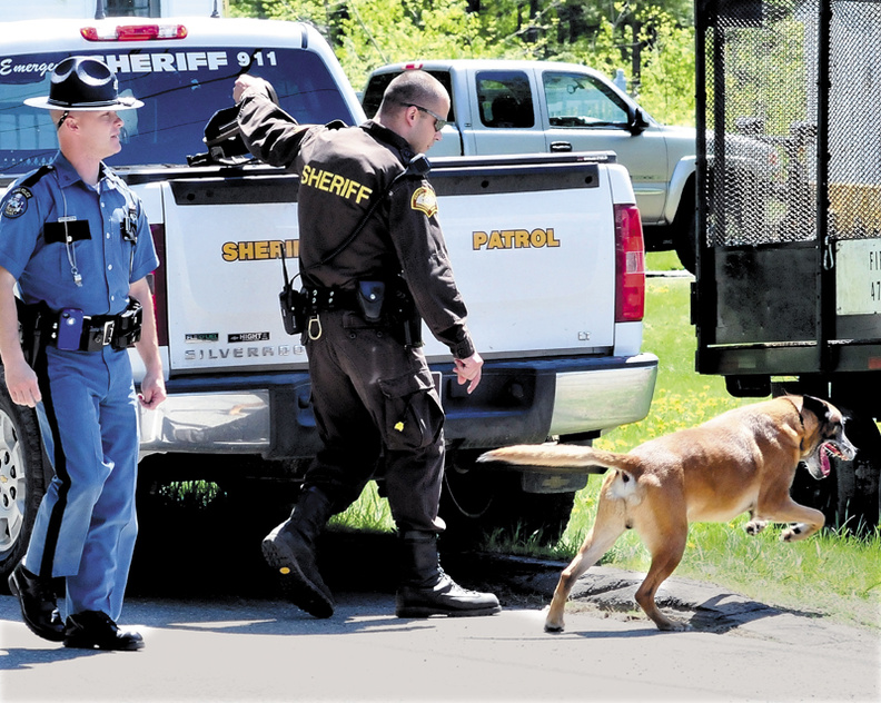 Police unleash a tracking dog named Ruger after suspect Ernest Almeida abandoned his vehicle and entered the woods behind a Middle Road residence in Skowhegan following a high speed chase with police on Wednesday.