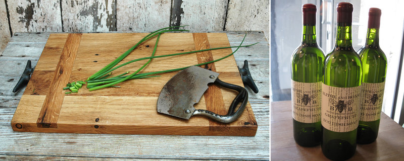 Peg and Awl’s cutting board ($80-$120), left, is made of reclaimed oak and fitted with aged boat cleat handles. At right, Blithe and Bonny’s Grapefruit Eco Dish Soap is sold in repurposed wine bottles.