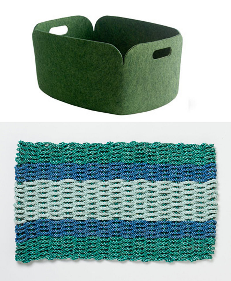 The soft but sturdy Restore Basket by Finnish designer Mika Tolvanen, top photo, is made from plastic recycled from beverage bottles. A mat ($68) from Terrain, bottom photo, is made from rope once used by Maine lobstermen.